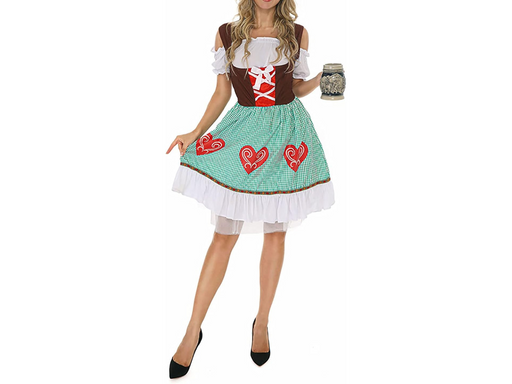 Disfraz de cervecera Oktoberfest para mujer, vestido con corpiño café, blusa blanca y falda cuadrillé verde con corazones rojos