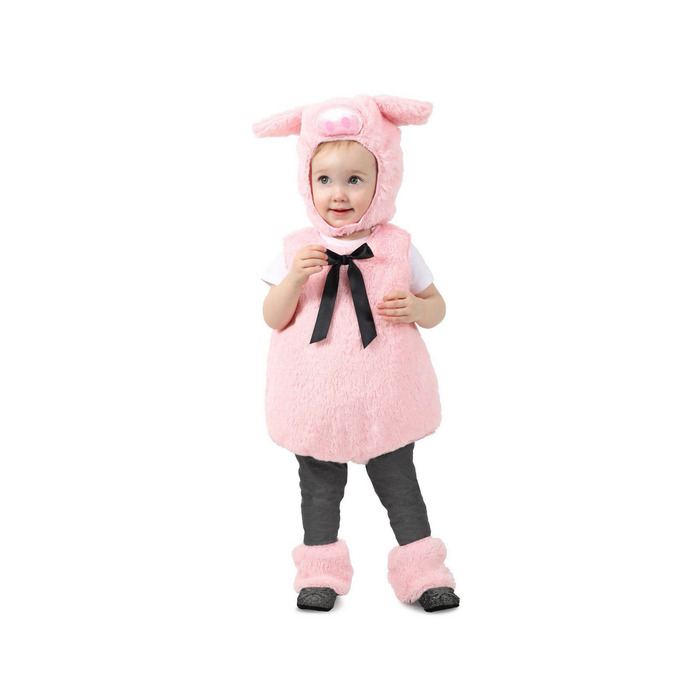 Disfraz de chanchito para bebé con cuerpo de peluche rosado, lazo negro, capucha con orejas y cubrepiés