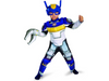 Niño con disfraz de Chase de Transformers Rescue Bots, overol azul, blanco y amarillo con músculos y gorro azul