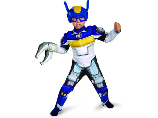 Niño con disfraz de Chase de Transformers Rescue Bots, overol azul, blanco y amarillo con músculos y gorro azul