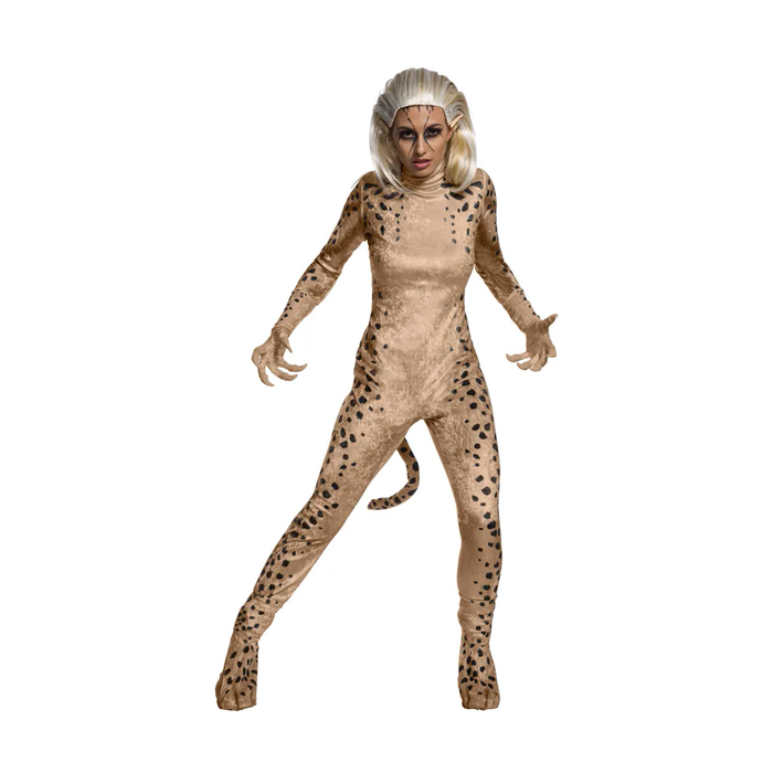 Mujer con disfraz de Cheetah de Mujer Maravilla 1984: enterito con estampado de guepardo, cola y guantes con garras