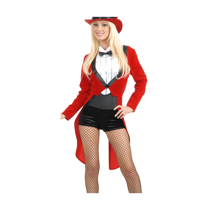 Disfraz de domadora de circo para mujer con chaqueta de frac roja, camisa blanca, corbatín negro y short negro