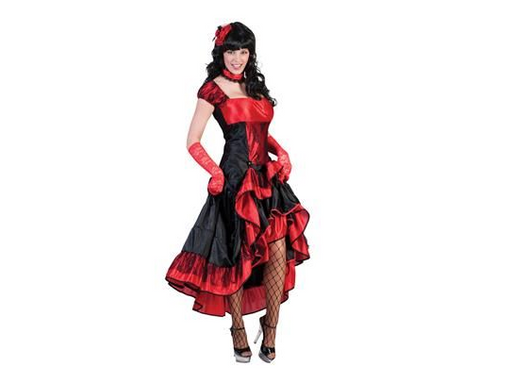 Disfraz de chica de salón para mujer, vestido largo rojo y negro con volados y gargantilla