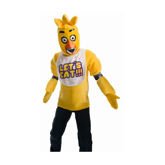 Niño con disfraz de Chica de Five Nights at Freddy's, parte superior amarilla con babero y máscara