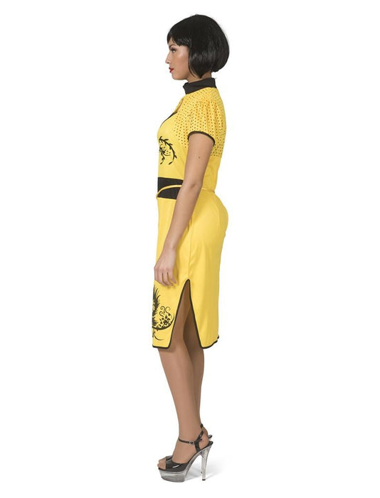 Vista lateral del disfraz de china para mujer, vestido amarillo