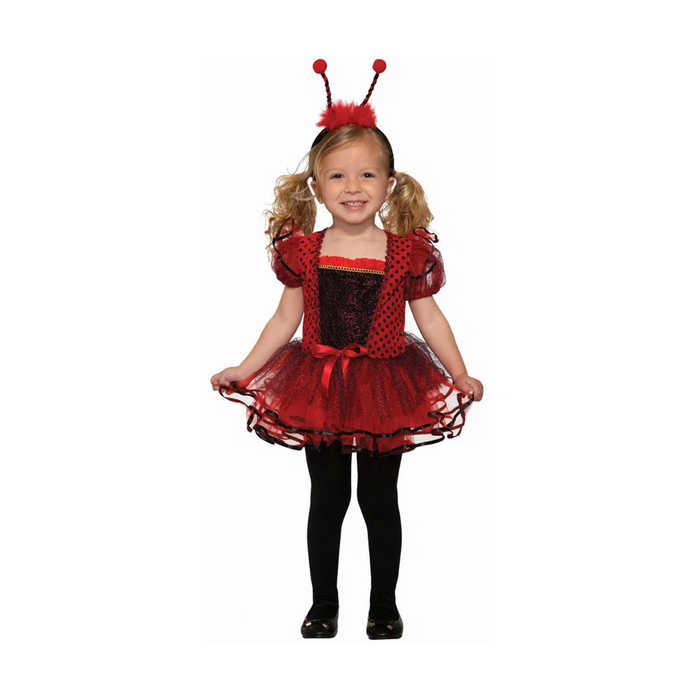 Niña con disfraz de chinita con tutú rojo y antenas