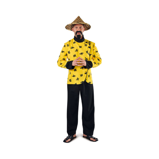 Disfraz de chino para hombre, camisa amarilla estampada y pantalón negro