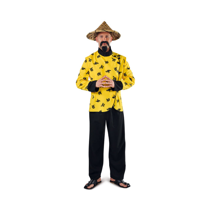 Disfraz de chino para hombre, camisa amarilla estampada y pantalón negro