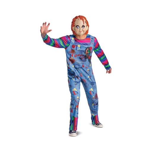 Disfraz de Chucky para hombre, overol azul estampado con camisa a rayas de colores y máscara de Chucky