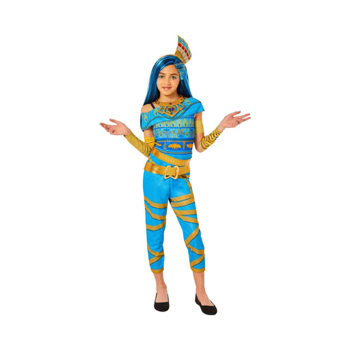 Disfraz de Cleo de Nile Monster High para niña, enterito celeste con detalles dorados, tocado y collar