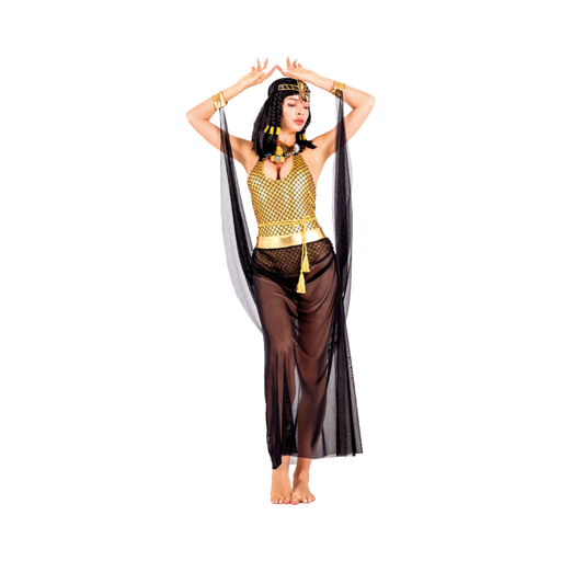 Disfraz de Cleopatra para mujer, vestido dorado con falda de tul negro, collar egipcio, bandana y cinturón dorado