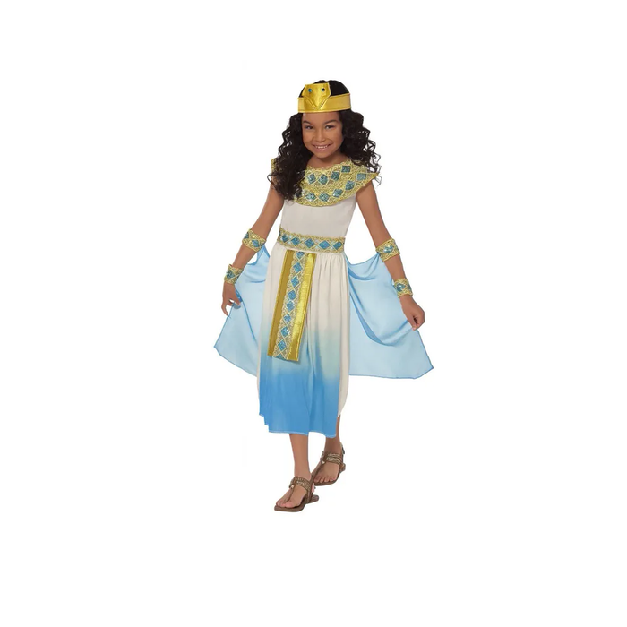 Disfraz de Cleopatra para niña con vestido largo blanco y celeste con detalles egipcios dorados