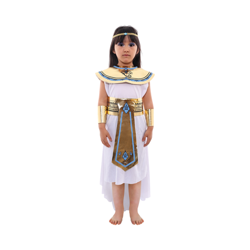 Disfraz Cleopatra niña, vestido blanco con cuello y cinturón dorados, brazaletes y tiara