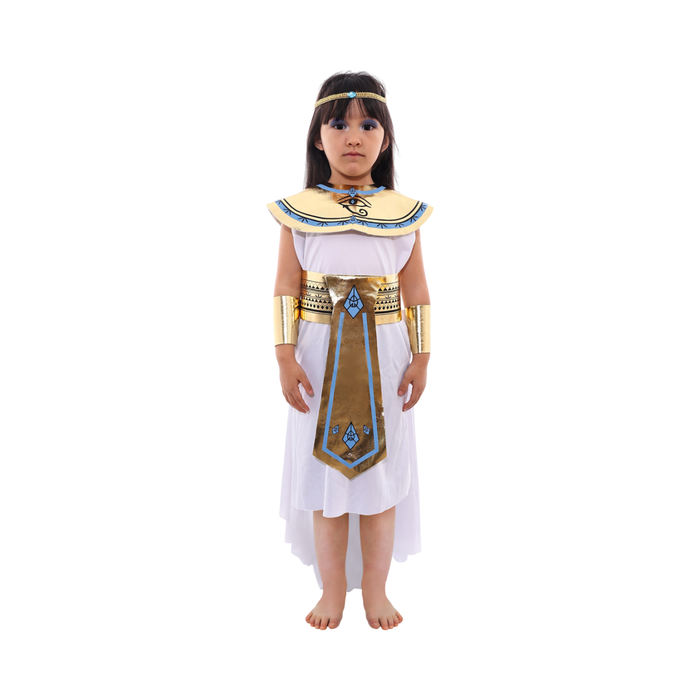 Disfraz Cleopatra niña, vestido blanco con cuello y cinturón dorados, brazaletes y tiara