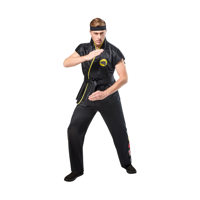 Disfraz de karateca Cobra Kai para hombre con polera negra sin mangas, pantalón negro, cinturón y cintillo