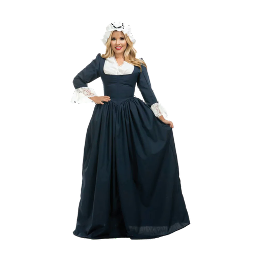 Mujer con disfraz de dama colonial, vestido largo azul marino con pechera blanca y cofia