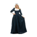 Mujer con disfraz de dama colonial, vestido largo azul marino con pechera blanca y cofia