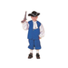 Niño con disfraz colonial, sombrero tricornio, jabot blanco, chaleco y pantalón azul