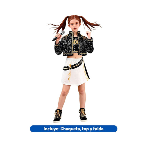 Disfraz Concert Midol infantil, chaqueta negra con brillos, top y falda blanca