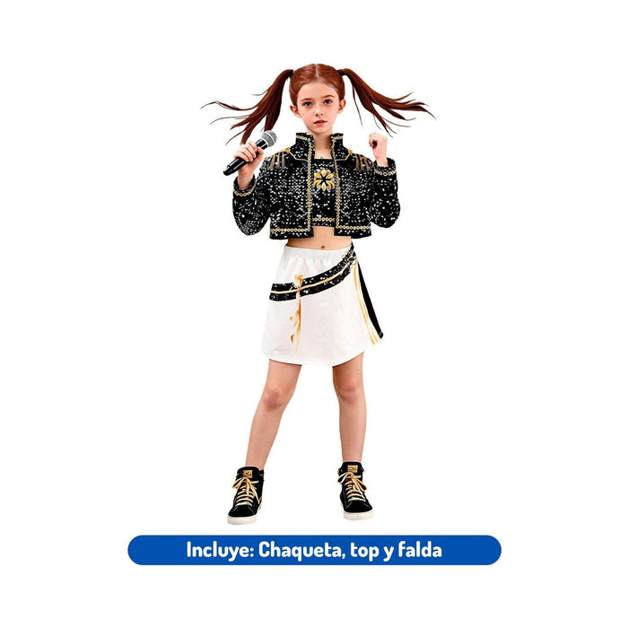 Disfraz Concert Midol infantil, chaqueta negra con brillos, top y falda blanca