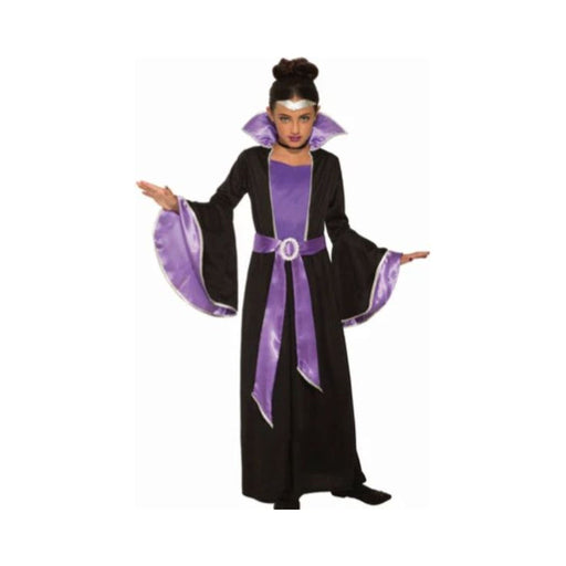 Disfraz Condesa de la Fantasía para niña, vestido largo negro con panel, cuello alto y mangas acampanadas morados