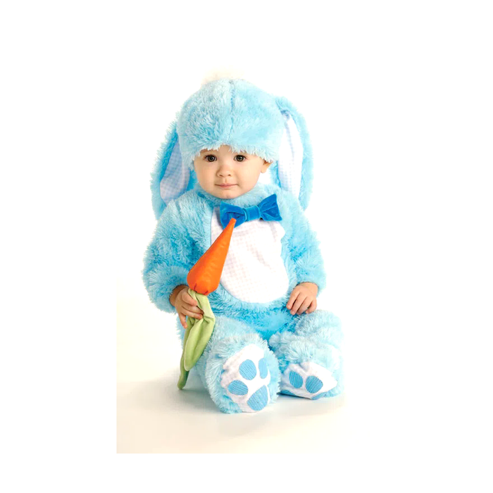 Disfraz de conejito celeste para bebé, enterito de peluche con corbatín, gorro con orejas largas y zanahoria