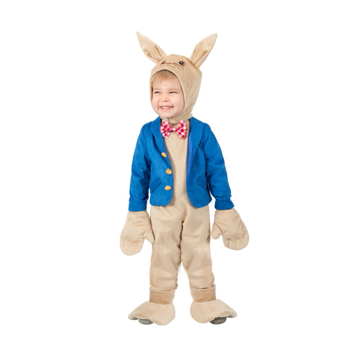 Niño con disfraz de conejo, enterito beige y chaqueta azul con humita