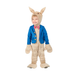 Niño con disfraz de conejo, enterito beige y chaqueta azul con humita
