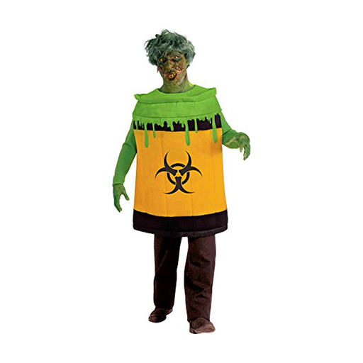 Disfraz de barril amarillo de residuos tóxicos con símbolo de riesgo biológico y baba verde