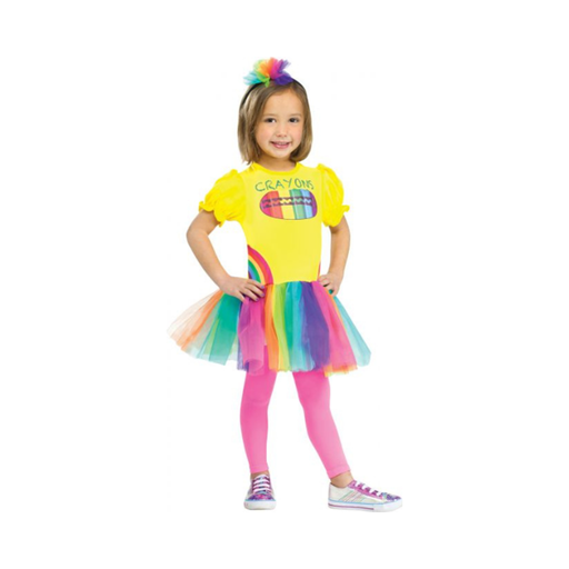 Disfraz de crayones con vestido amarillo estampado Crayons, falda de tul arcoíris y accesorio de colores para el cabello