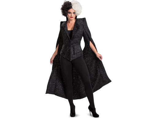 Disfraz de Cruella para mujer, chaqueta negra brillante larga con hombros estilizados y solapas