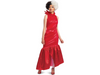 Disfraz de Cruella para mujer, vestido largo rojo satinado con cuello alto de solapa