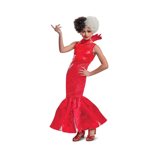 Disfraz de Cruella para niña, vestido largo rojo con cuello desmontable