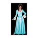 Mujer con disfraz de dama colonial, vestido largo celeste satinado con puños blancos