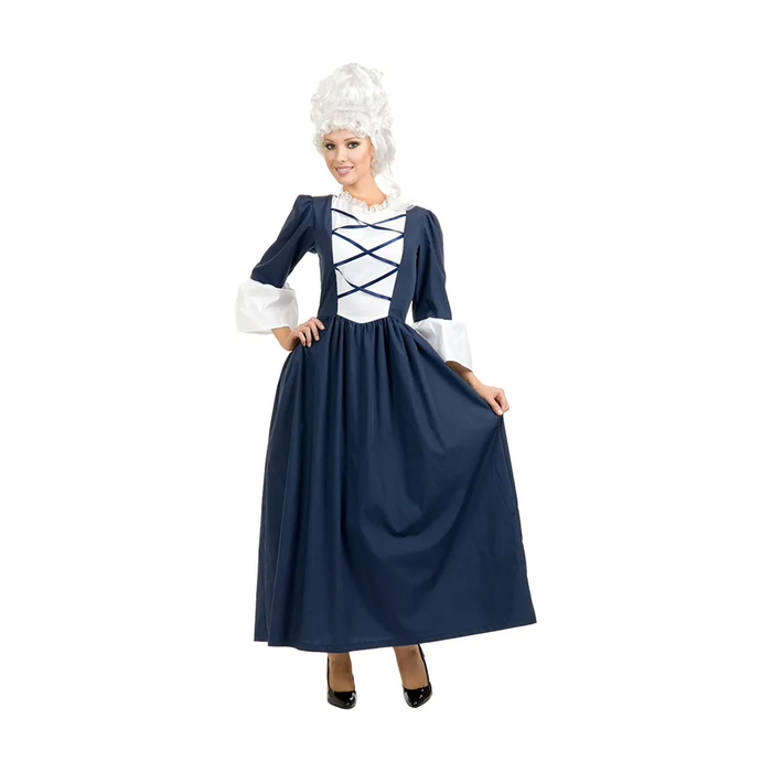 Disfraz de dama colonial para mujer, vestido largo azul marino con frente blanco de cintas cruzadas y puños blancos