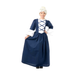 Niña con disfraz de dama colonial, vestido largo azul marino con pechera blanca de cintas cruzadas y mangas con vuelo