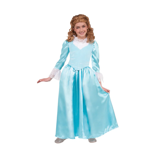 Disfraz de dama colonial para niña con vestido largo celeste satinado y cuello y puños de encaje blanco