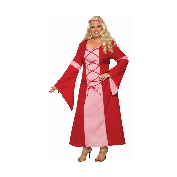 Disfraz de dama del Renacimiento para mujer talla plus: vestido largo rojo con panel rosado, mangas acampanadas y lazo cruzado al frente