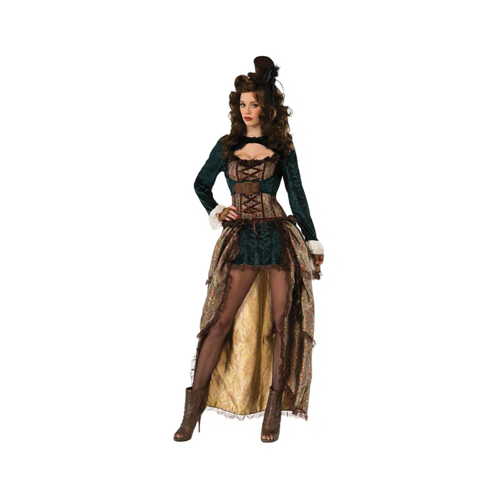 Disfraz de dama steampunk para mujer con chaqueta verde oscuro, corsé de cordones y vestido con cola larga