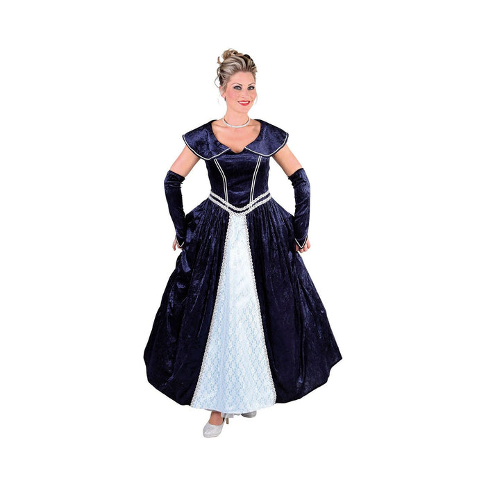 Disfraz de dama de Versalles para mujer, vestido largo azul marino con panel celeste y guantes