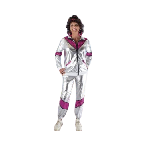 Disfraz de buzo deportivo plateado con detalles fucsia para mujer, chaqueta con cierre y pantalón