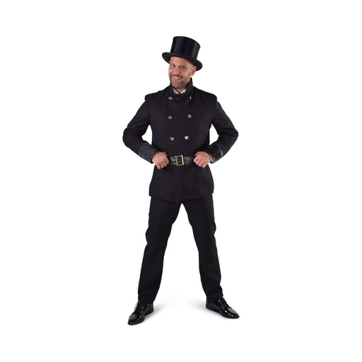 Disfraz de deshollinador para hombre, chaqueta negra cruzada, pantalón y cinturón