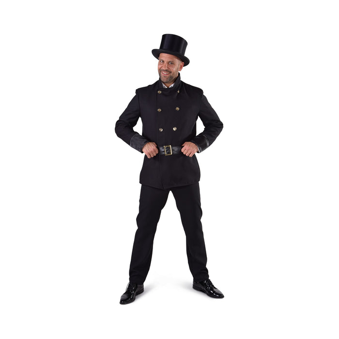 Disfraz de deshollinador para hombre, chaqueta negra cruzada, pantalón y cinturón