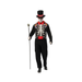 Hombre con disfraz de Día de Muertos: frac negro con esqueleto, moño rojo y sombrero de copa