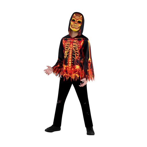 Disfraz de esqueleto de fuego para niño con polera negra de bordes rasgados, esqueleto en llamas y máscara de calavera