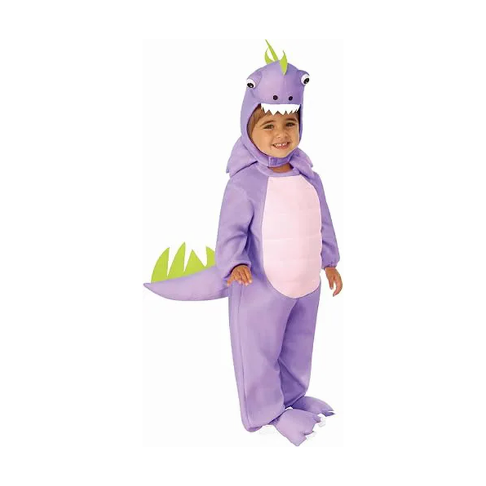 Niño con disfraz de dinosaurio morado con capucha