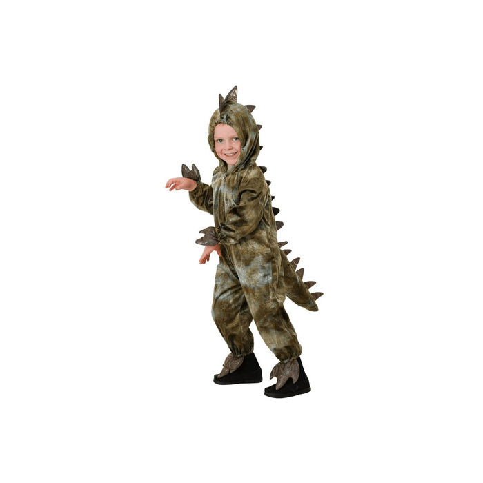 Disfraz de dinosaurio T-Rex para niño, enterito de peluche verde oliva con capucha y cola con púas