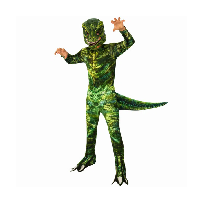 Niño con disfraz de dinosaurio verde con máscara, cola y patas con garras