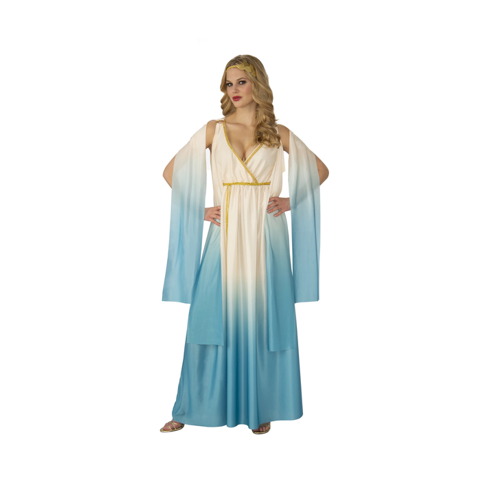 Mujer con disfraz de diosa griega Atenea, vestido largo marfil degradado a azul y cintillo dorado