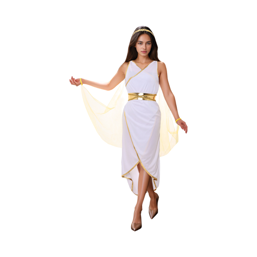 Disfraz de diosa griega para mujer, vestido blanco con ribetes dorados, capa de tul dorada y tiara de hojas
